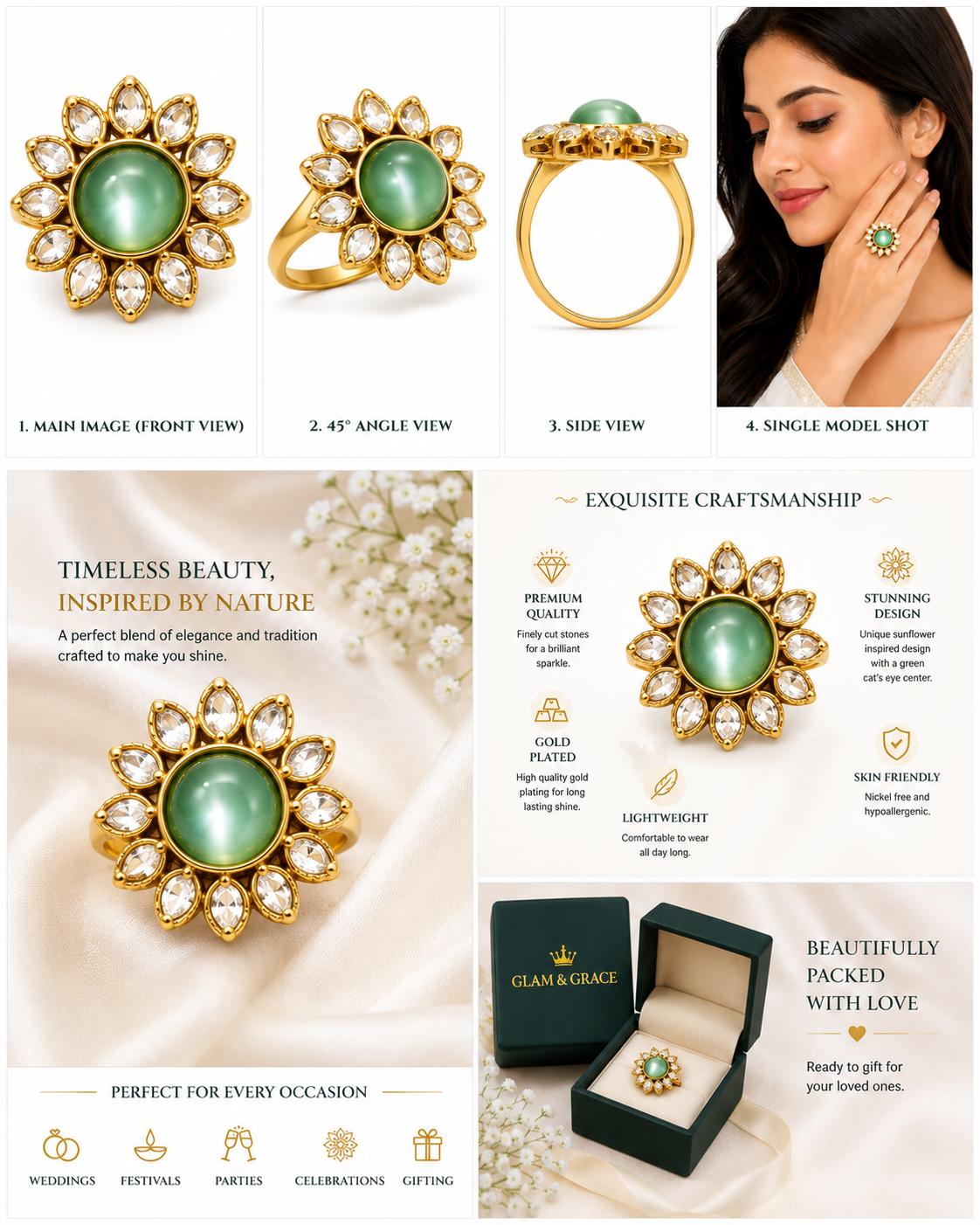 Radiant Floral Ring Design with Green Centre Stone