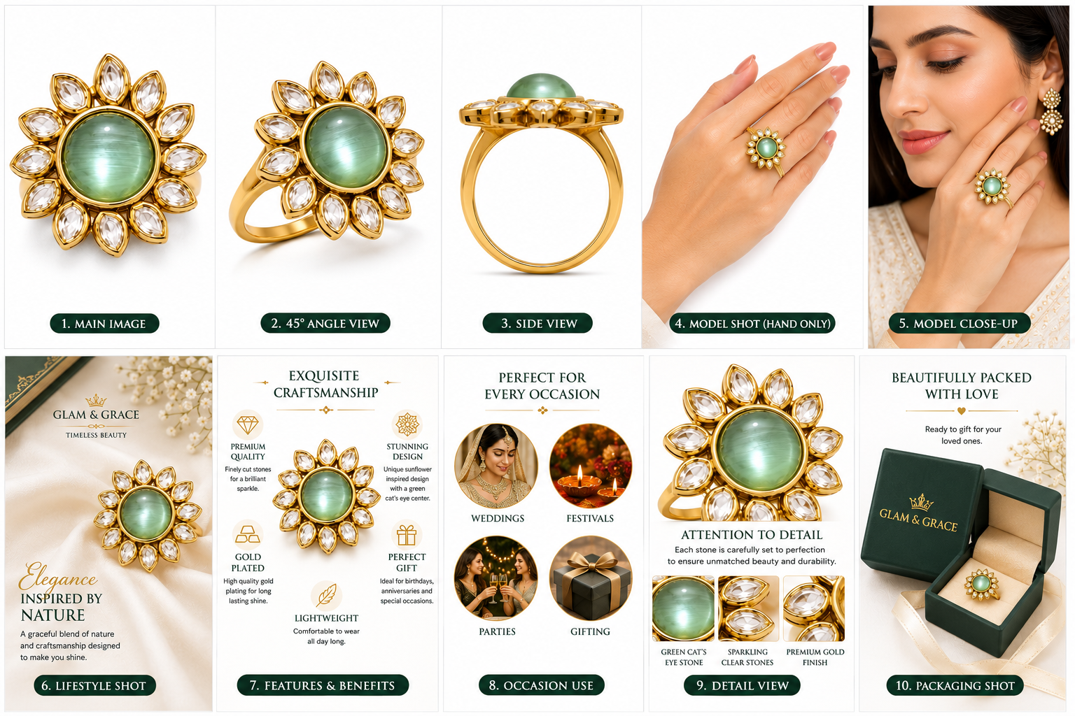 Radiant Floral Ring Design with Green Centre Stone