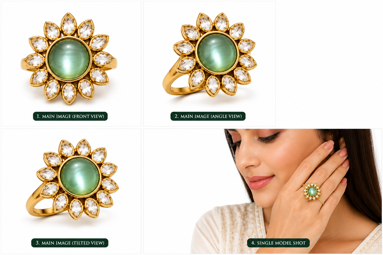 Radiant Floral Ring Design with Green Centre Stone