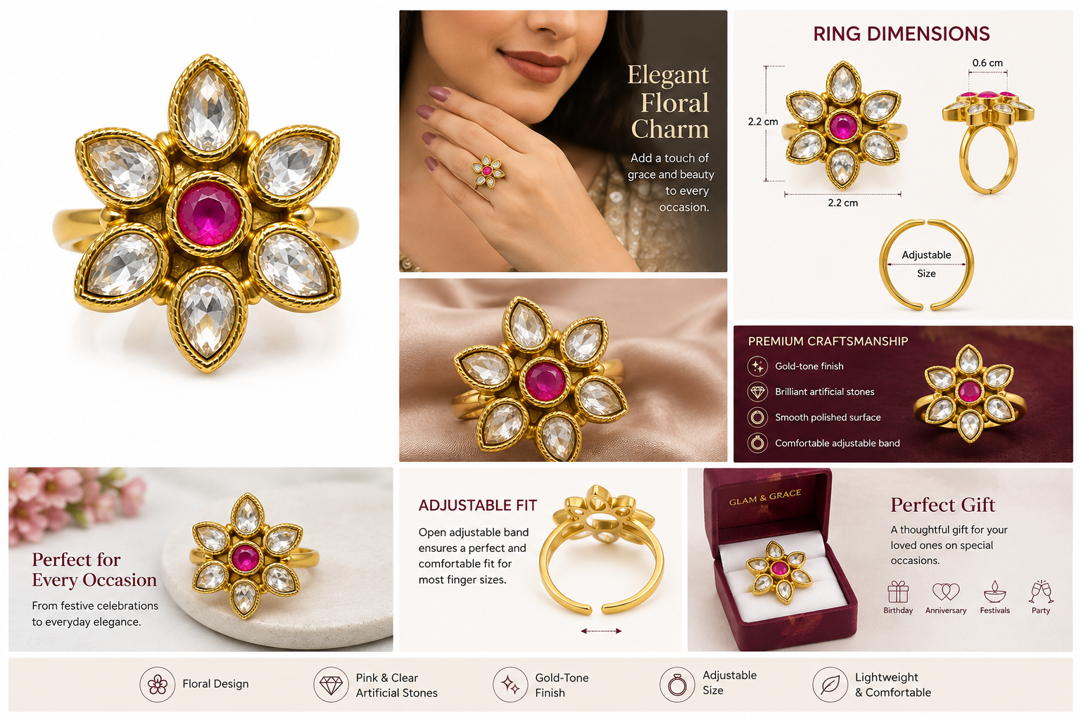 Elegant Floral Ring Design with Pink Centre Stone