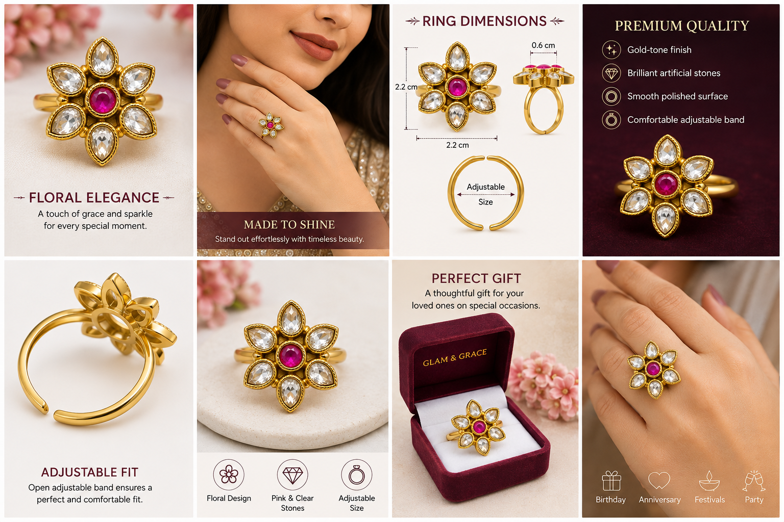 Elegant Floral Ring Design with Pink Centre Stone