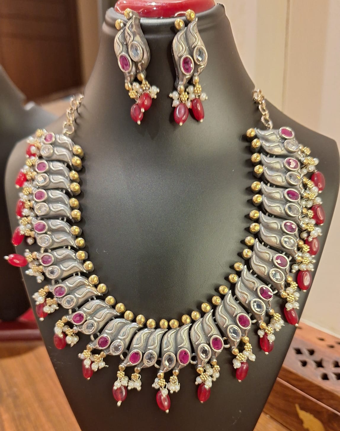 Majestic Maroon Silver and Gold Necklace