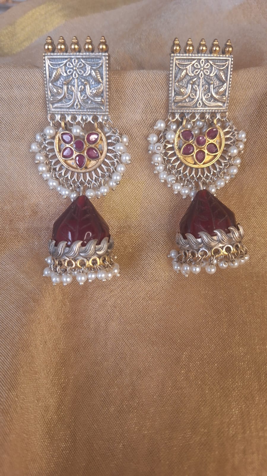 Ethnic German Silver Ruby Stone Jhumka