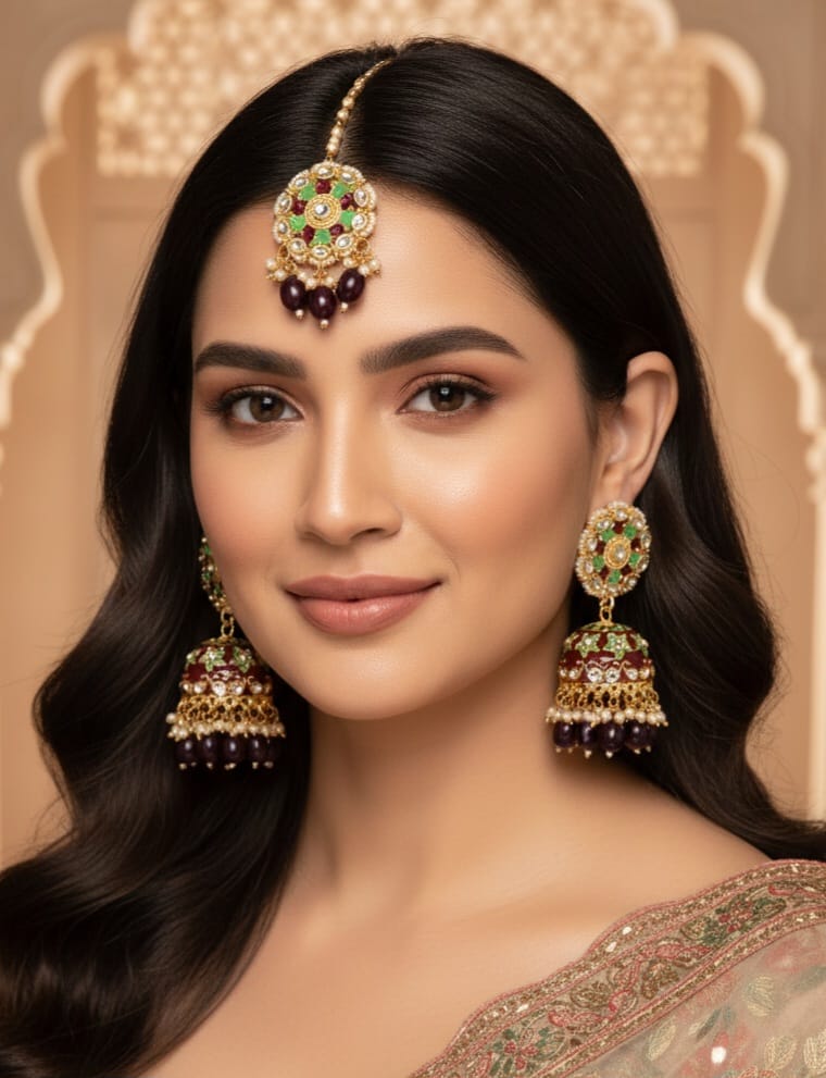 Royal Ethnic Jhumka & Maang Tikka Set with Pearl Detailing
