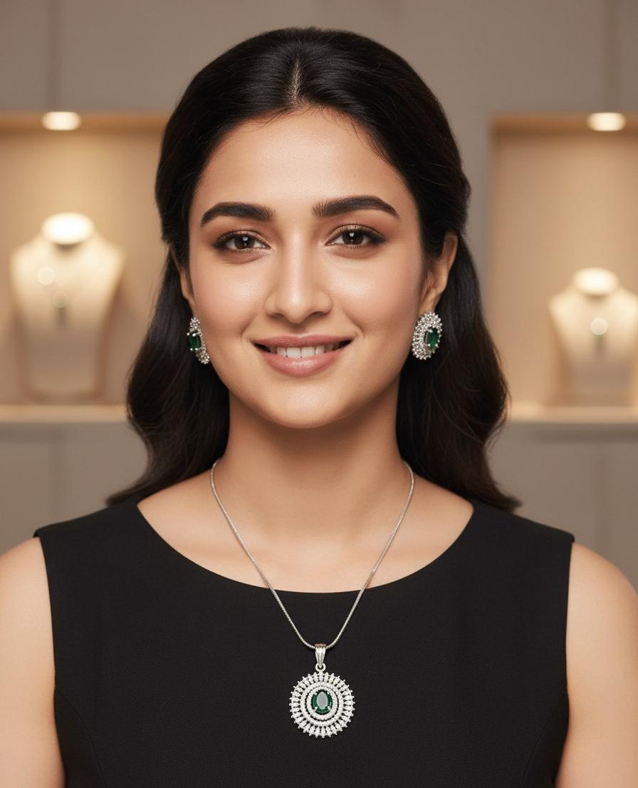 Luxury Diamond Pendant Set with Emerald Green Stone & Sterling Silver Chain