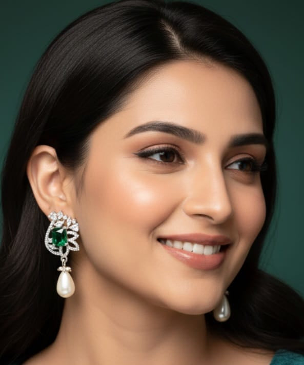 Luxury Emerald Stone & Diamond Finish Pearl Drop Earrings