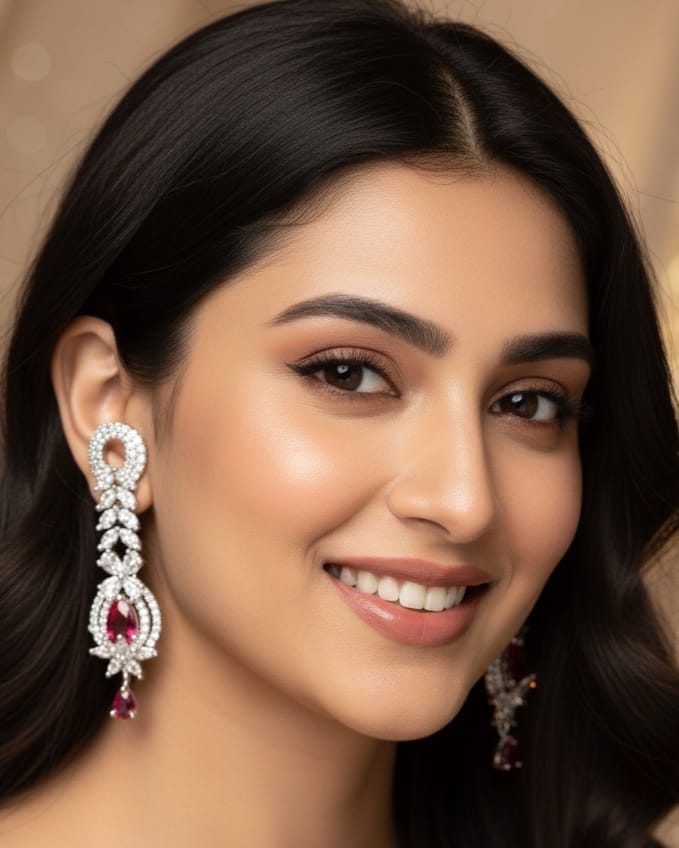Bridal Style Long Earrings with Red Stone & Diamond Finish