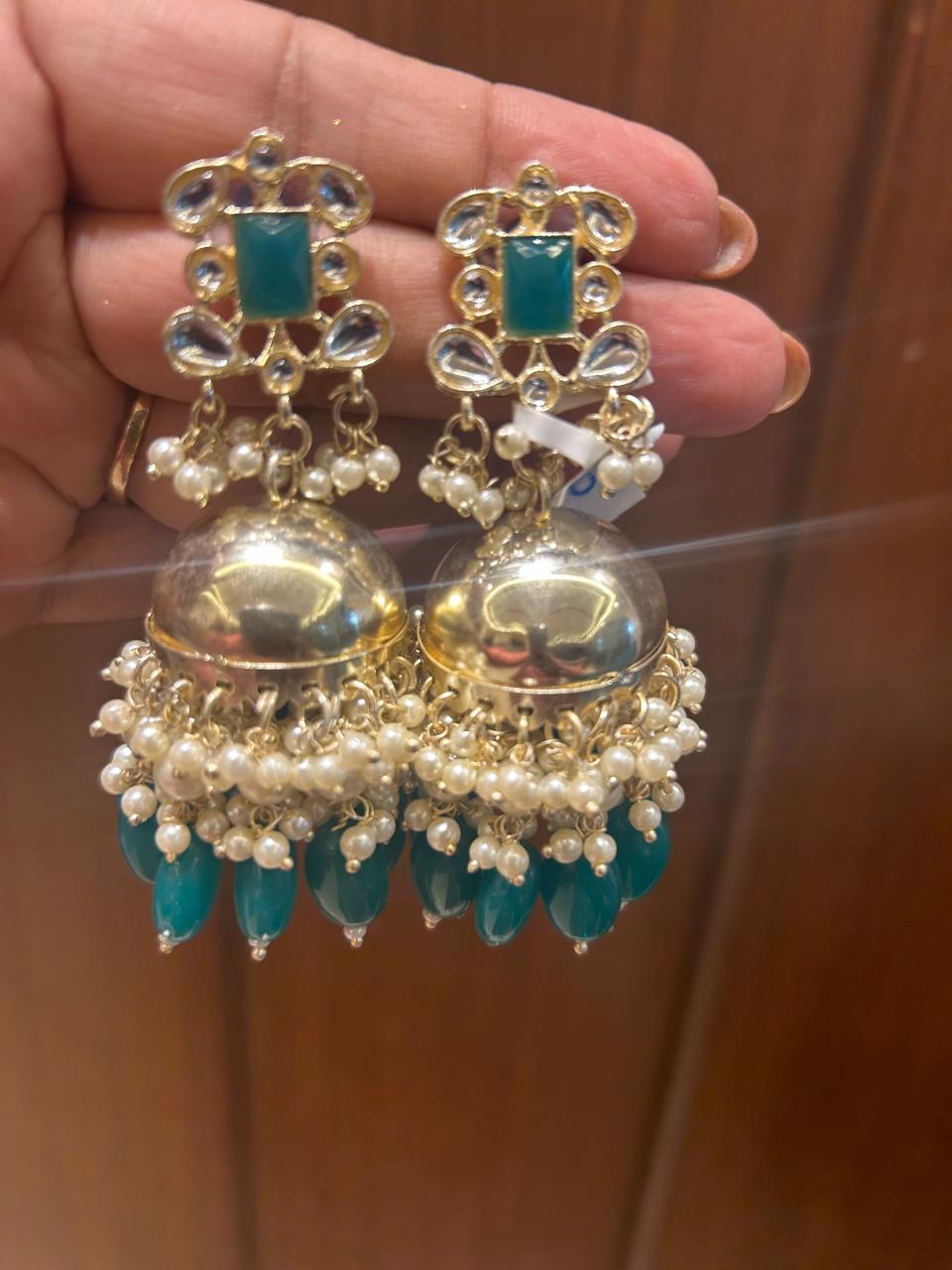 Ethnic Gold Plated Jhumka Earrings with Green Stones & Pearl Hangings