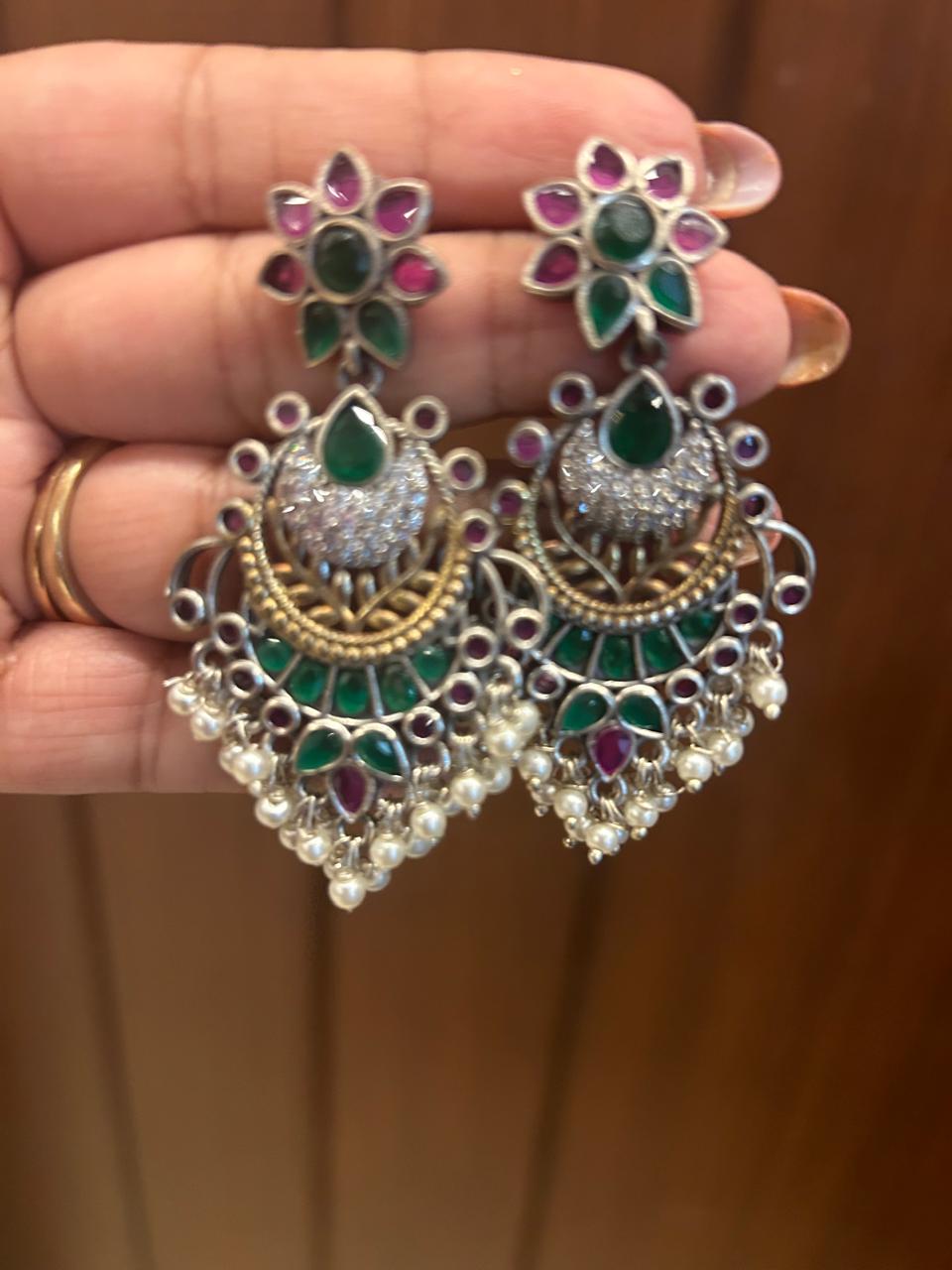 Emerald Ruby Floral Chandbali Earrings with Pearl Drops