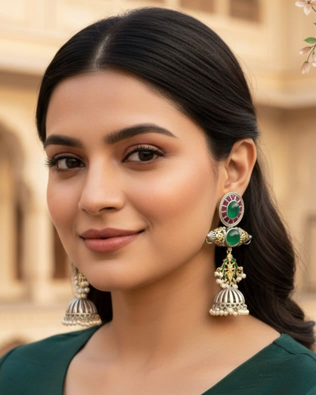 Emerald Ruby Floral Chandbali Earrings with Pearl Drops