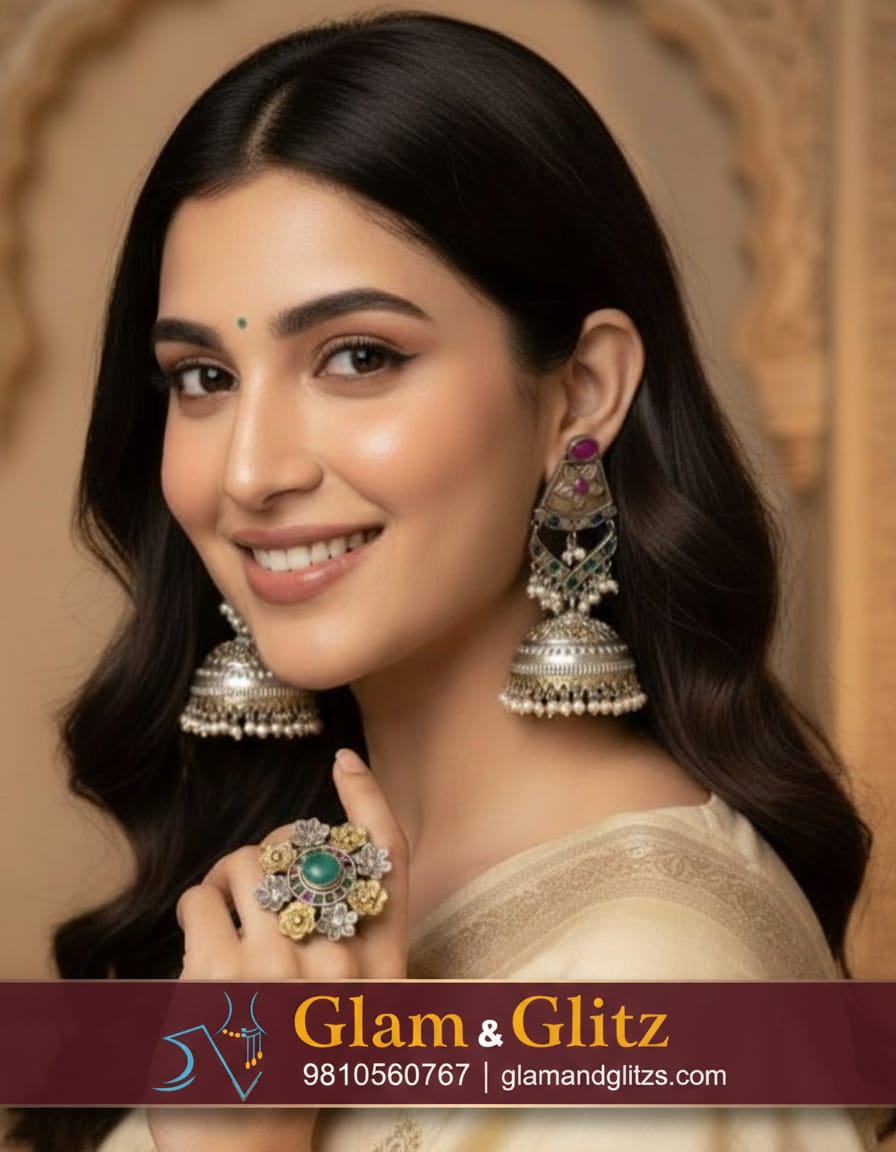 Glam & Glitz Dual-Tone Jhumka Earrings with Colored Stones