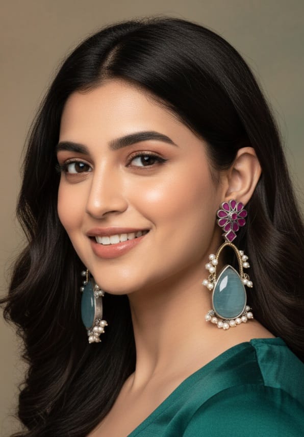 Glam & Glitz Statement Teardrop Earrings with Ruby Floral Stud & Pearl Accents