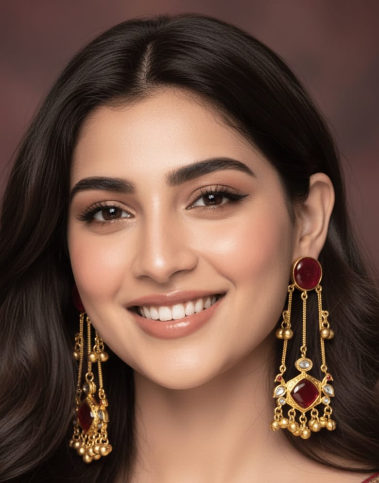 Glam & Glitz Royal Ruby Stone Long Drop Earrings with Golden Danglings