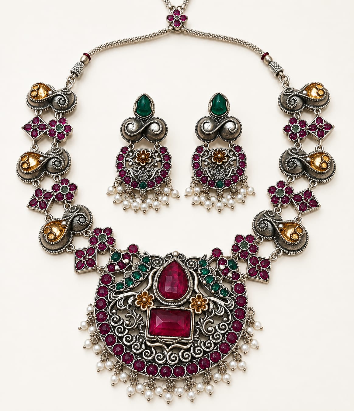 Antique Silver-Tone Floral Statement Necklace Set with Pink & Green Stones and Pearl Drops