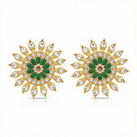 Elegant Gold-Tone Floral Stud Earrings with Green Stone & Pearl Accents