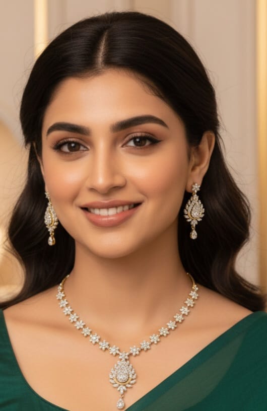 Elegant Gold-Tone Floral Necklace Set with Clear Stones & Teardrop Pendant
