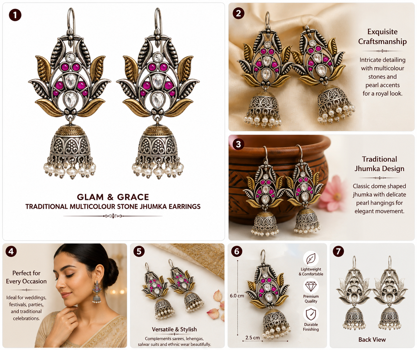 GLAM & GRACE Pink Stone Floral Jhumka Earrings with Pearl Drops