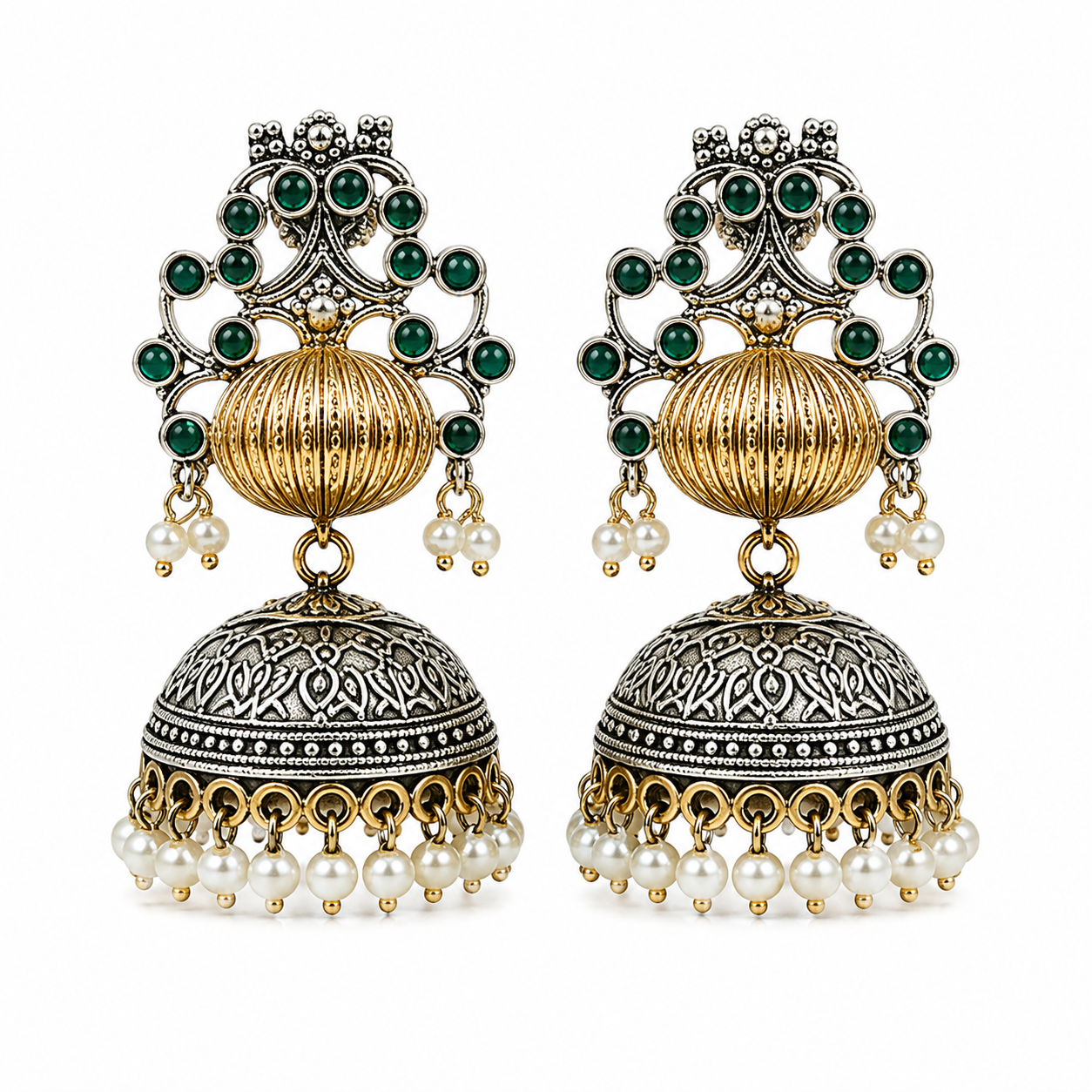 Emerald Royale Dual-Tone Jhumka Earrings