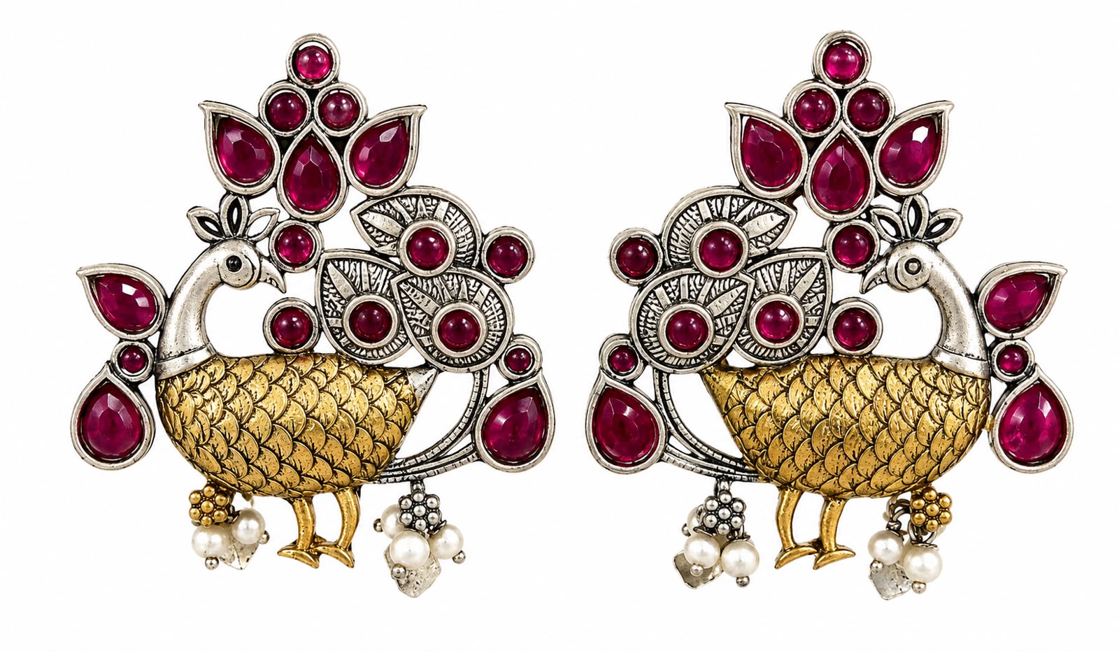 GLAM & GRACE Peacock Design Pink Stone Earrings with Pearl Drops