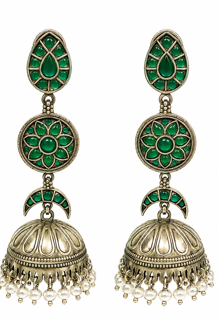 GLAM & GRACE Green Stone Floral Jhumka Earrings with Pearl Drops