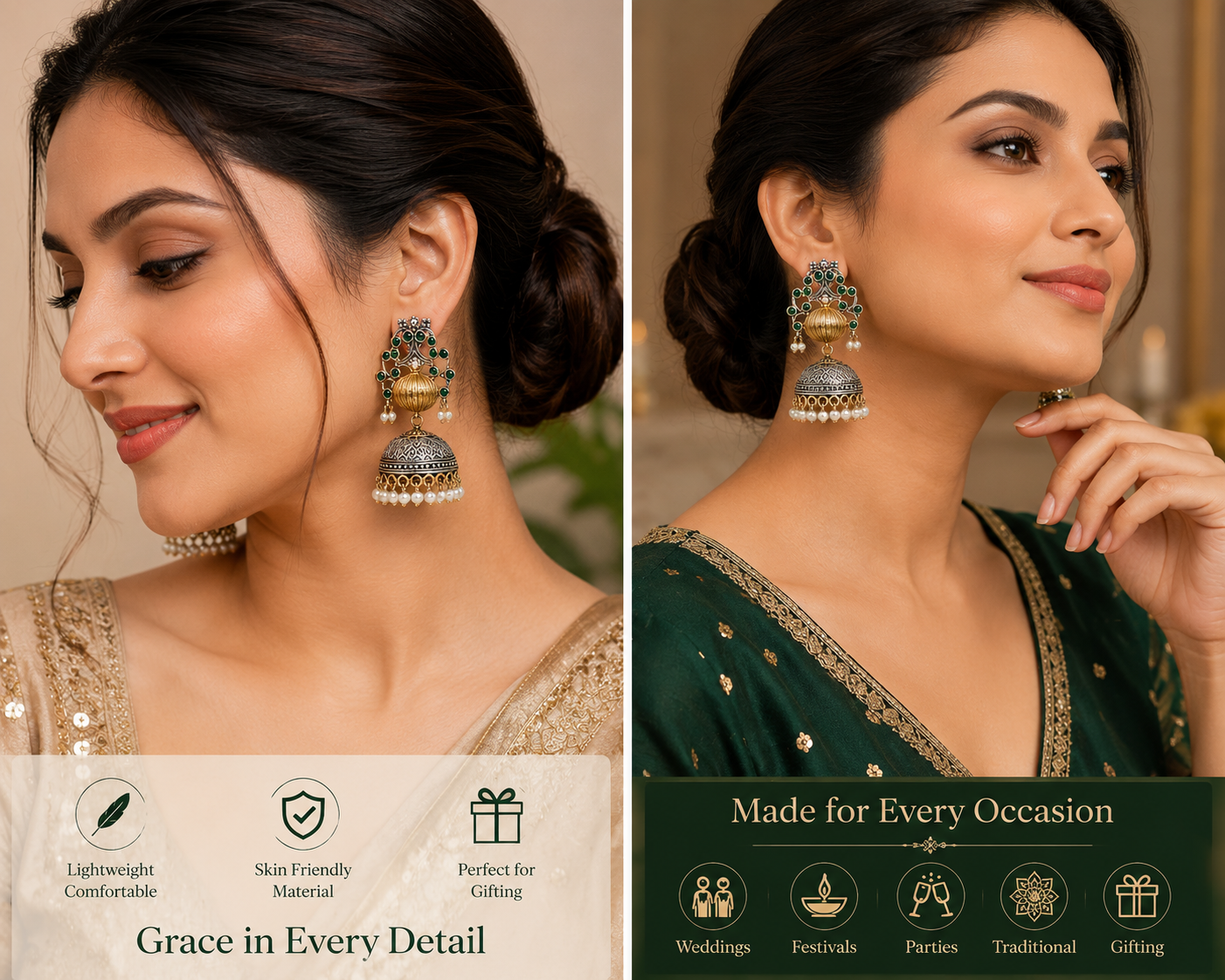 Emerald Royale Dual-Tone Jhumka Earrings