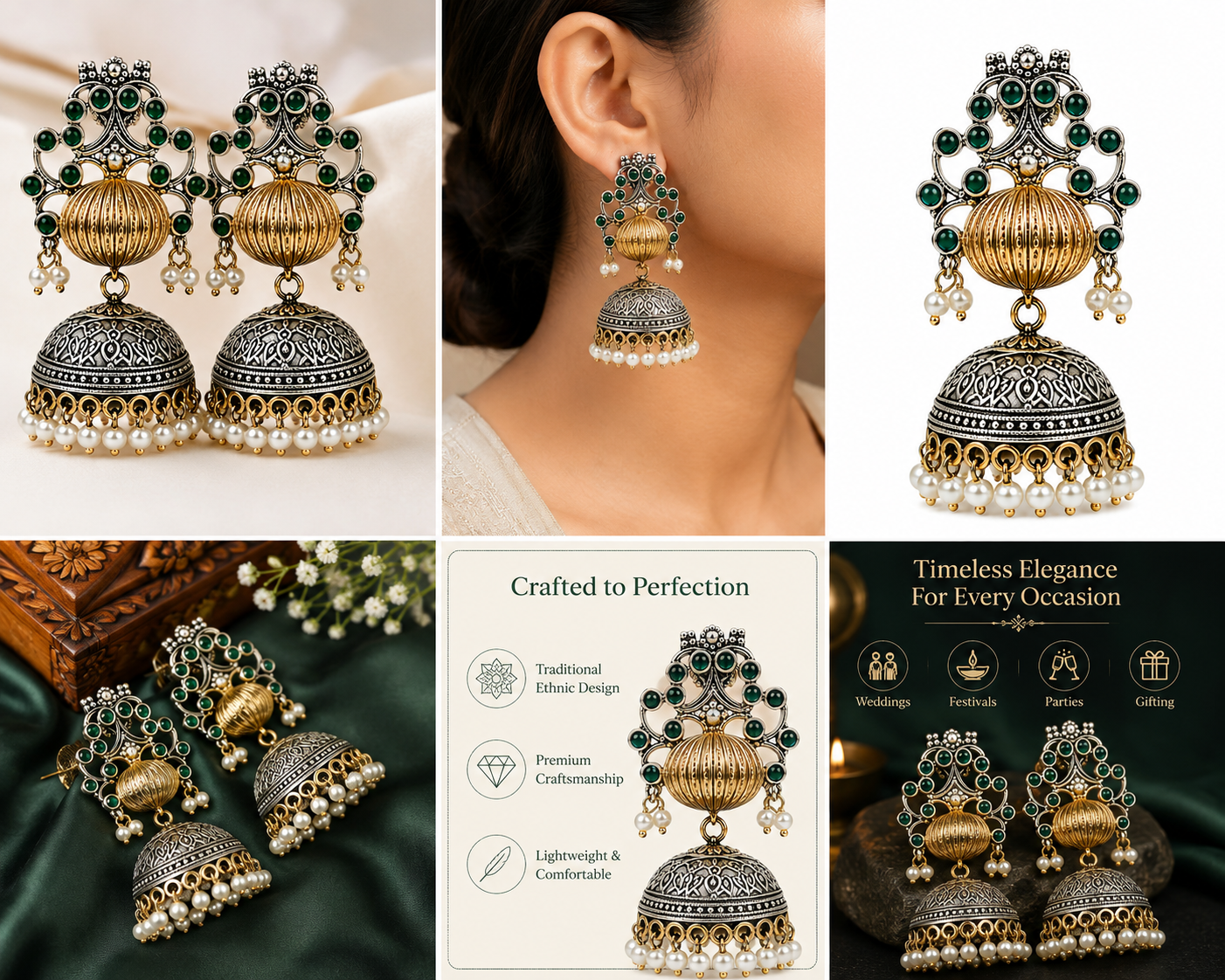 Emerald Royale Dual-Tone Jhumka Earrings