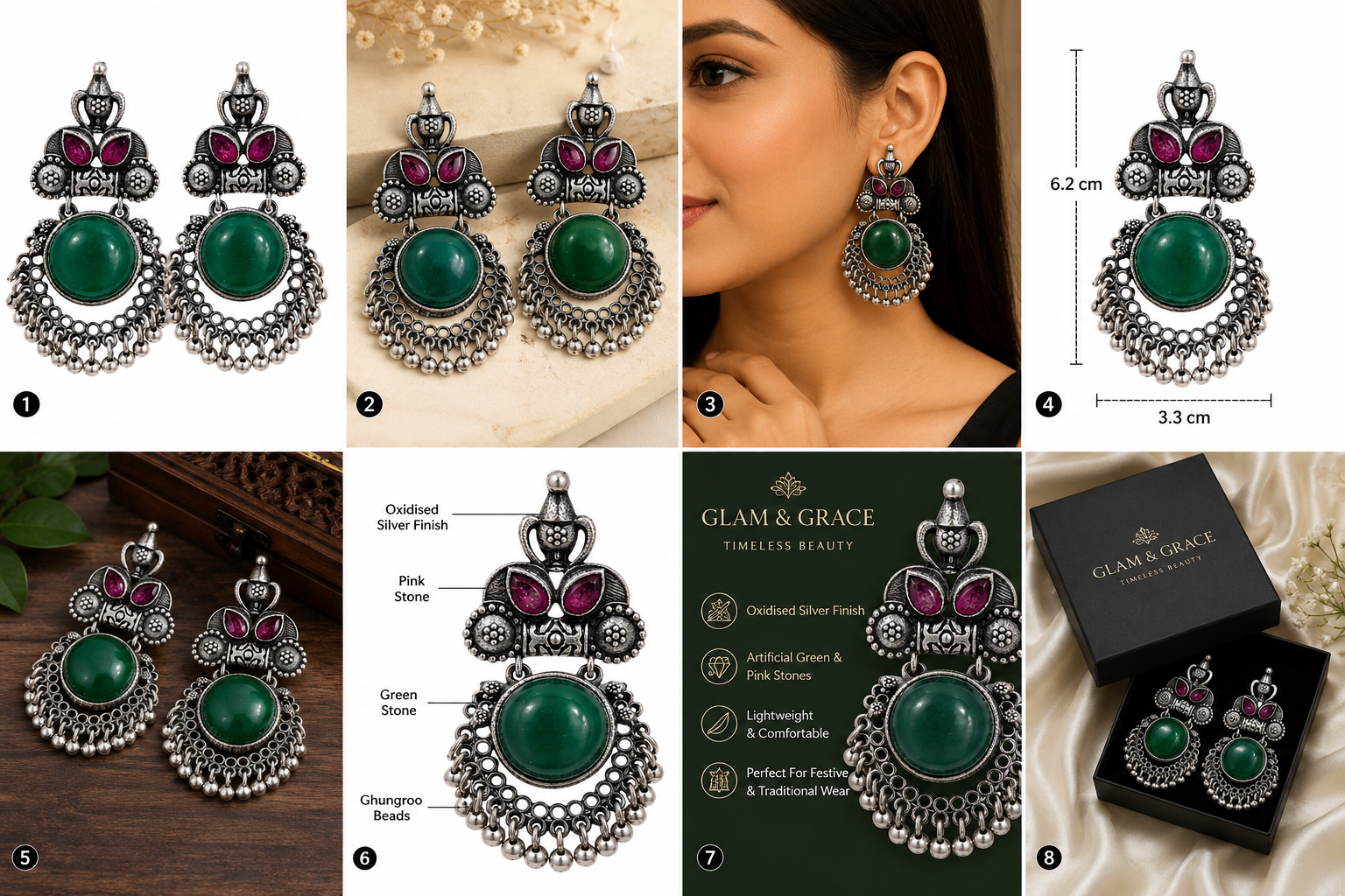 GLAM & GRACE Green Stone Oxidised Silver-Tone Long Drop Earrings