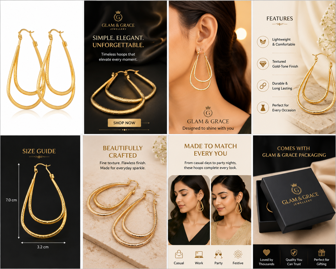 GLAM & GLITZ Gold-Tone Double Hoop Earrings for Women | Elegant Statement Dangle Earrings