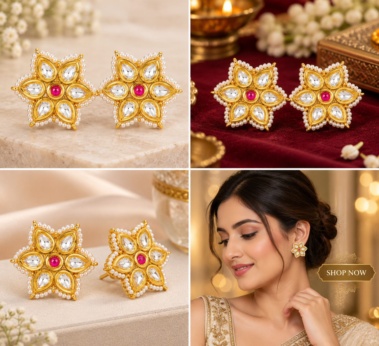 Gold-Tone Pink Stone Geometric Stud Earrings