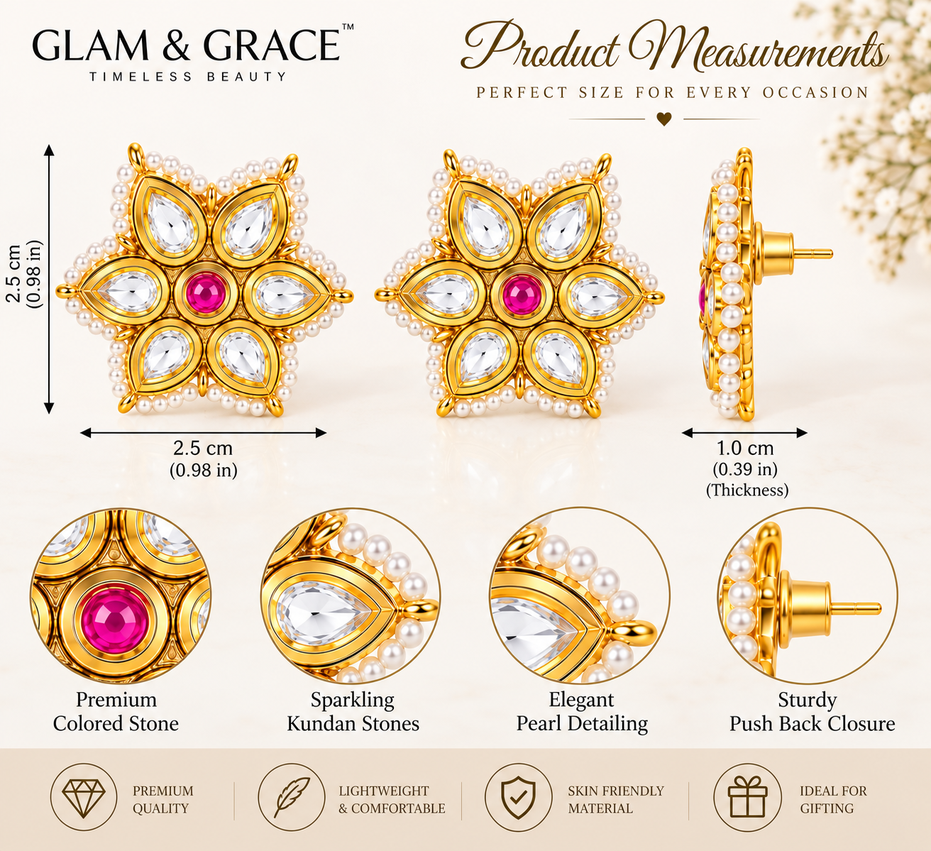 Gold-Tone Pink Stone Geometric Stud Earrings