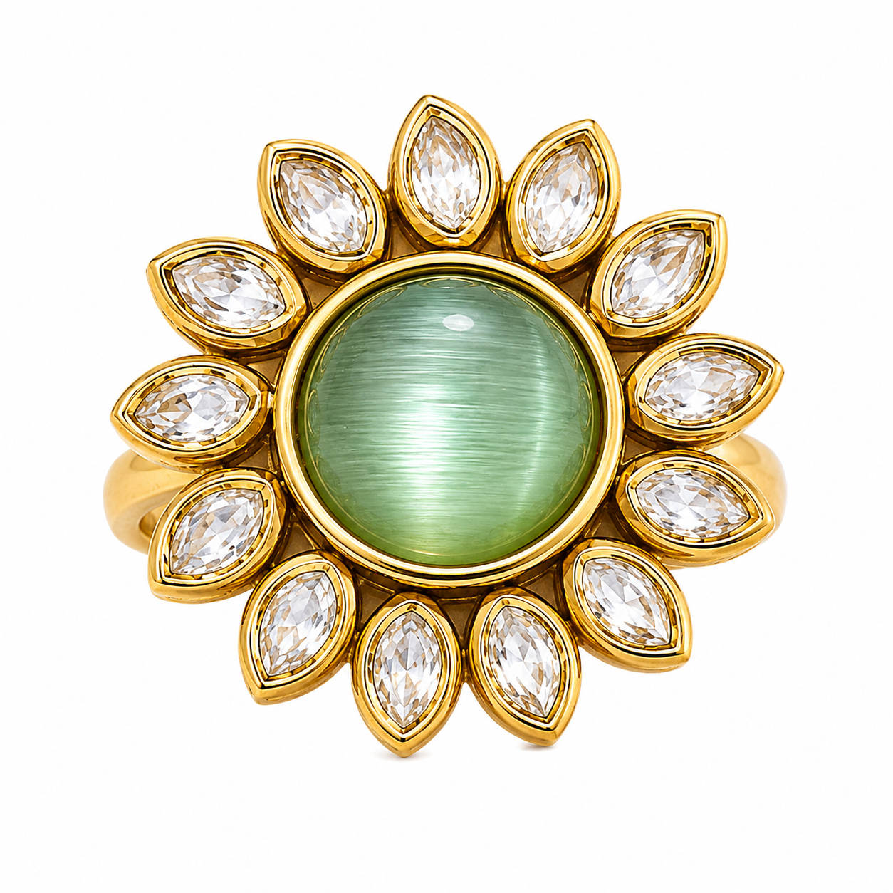 Radiant Floral Ring Design with Green Centre Stone